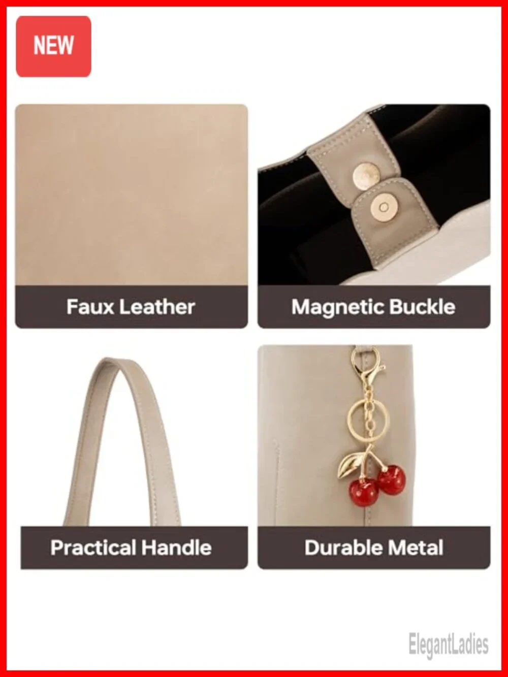 Vegan Leather Slouchy Hobo Bag with Detachable Cherry Charm, Shoulder Bag